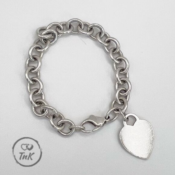 Tiffany & Co. Blank Heart Tag Charm Bracelet 8" Sterling Silver Round Link - Picture 12 of 14